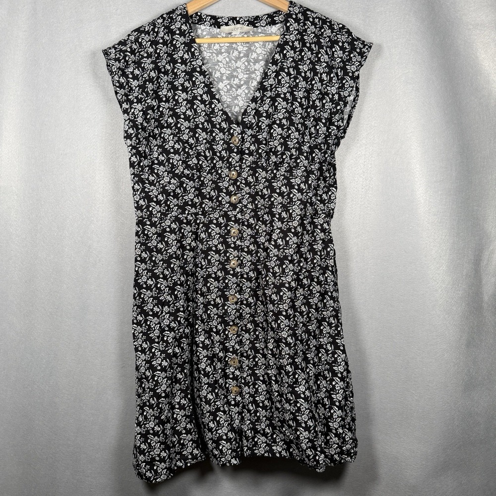 LOFT Floral Mini Dress Sleeveless Black Linen Viscose